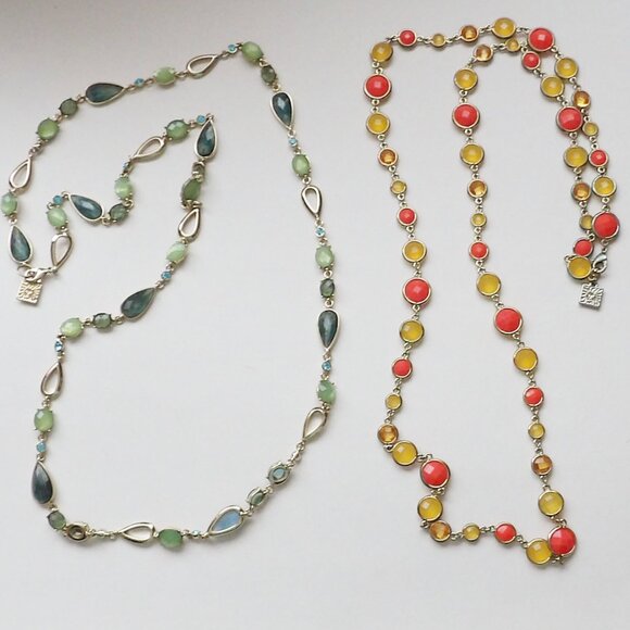 Anne Klein Bundle of 2 Long Strand Necklaces Blue Green & Orange Yellow Colors - Picture 1 of 7